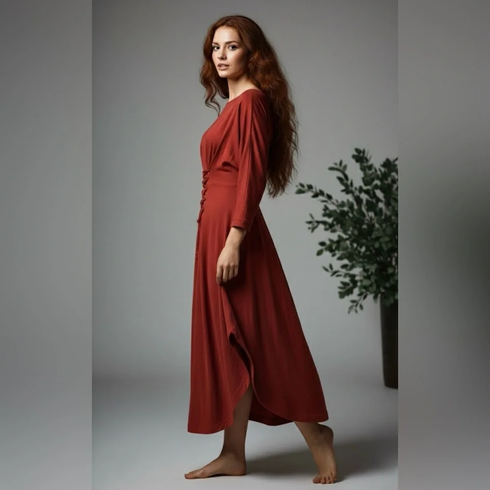 Free People Beach NWT Boho Lace-Up Midi Dress Terracotta Rust Cotton Size Small
